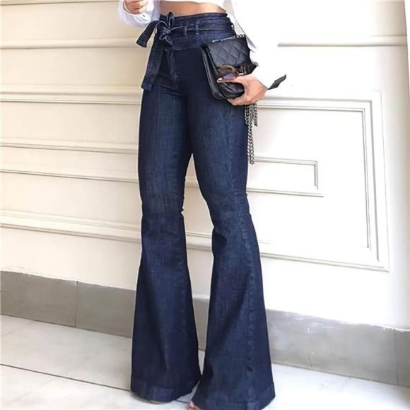 Pants - Dark Wash High Waist Bell Bottom Flare Jeans Wide Leg Belted Bow Denim Pants
